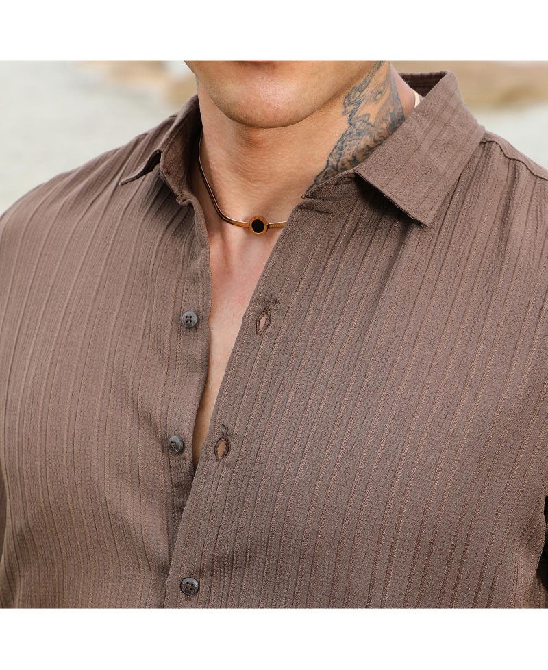 Men's Mocha Brown Self-Design Striped Shirt