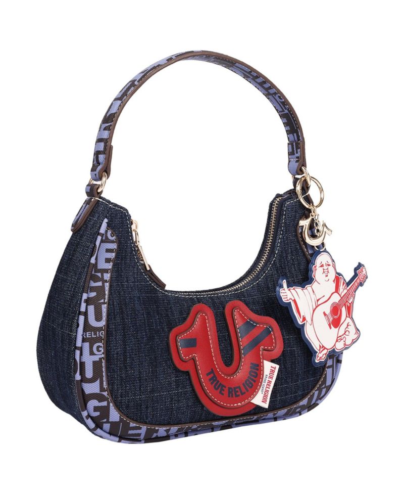 Graphic Trim Denim Hobo Bag with Buddha Charm