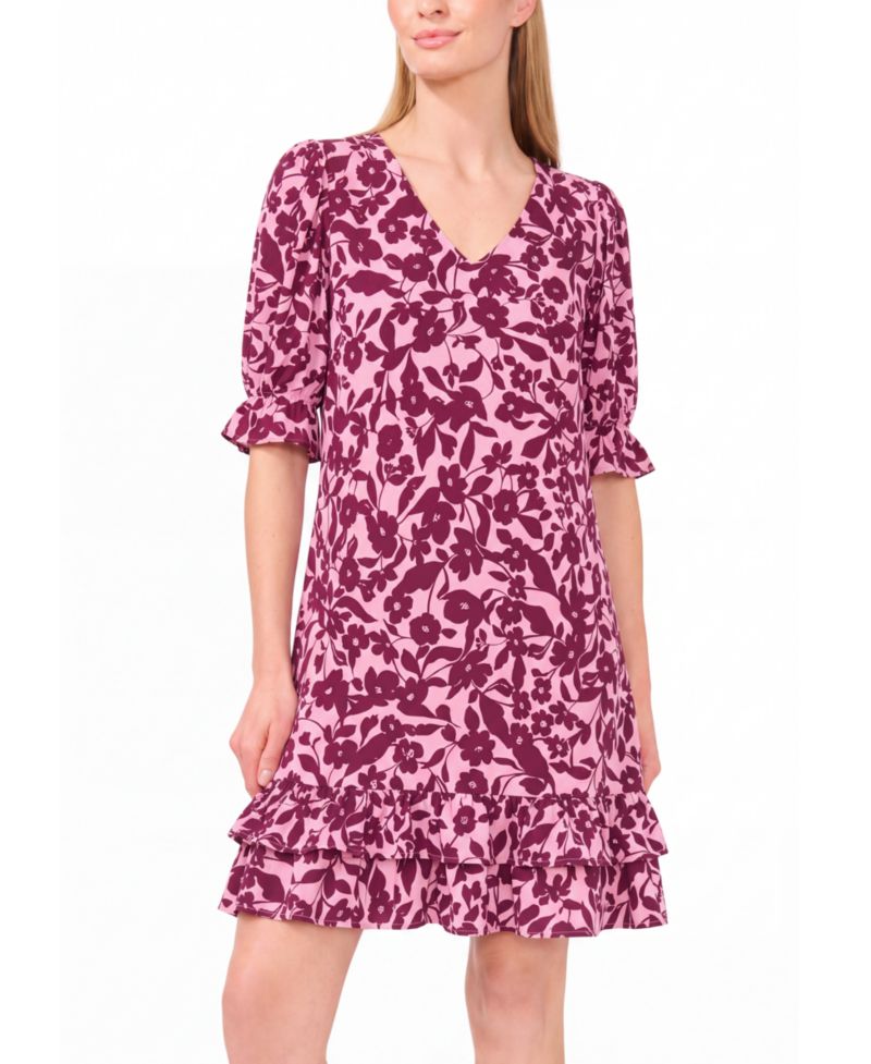 Women's V-Neck Short-Sleeve Tiered Ruffle Dress
