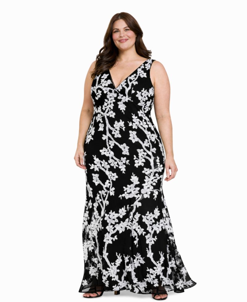 Plus Size Floral Sequin V-Neck Long Gown
