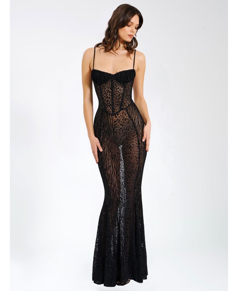Women's Ulani Black Burnout Velvet Detail Mesh Maxi Dress