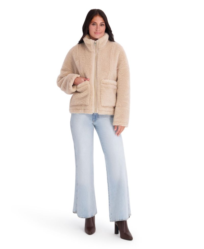 Women's Faux Fur Jacket With Patch Pockets And Funnel Neck