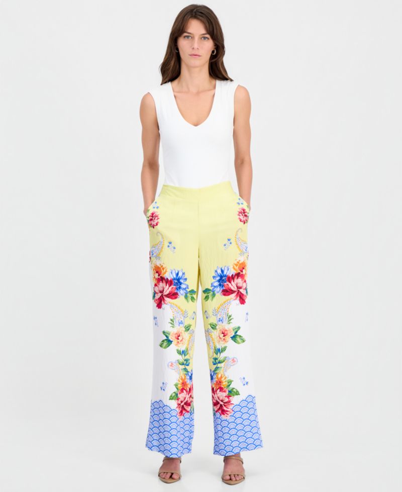 Women's Mixed-Print Wide-Leg Pull-On Pants