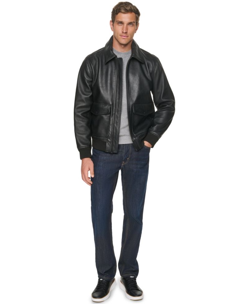Men's Textured Genuine Leather Bomber Jacket