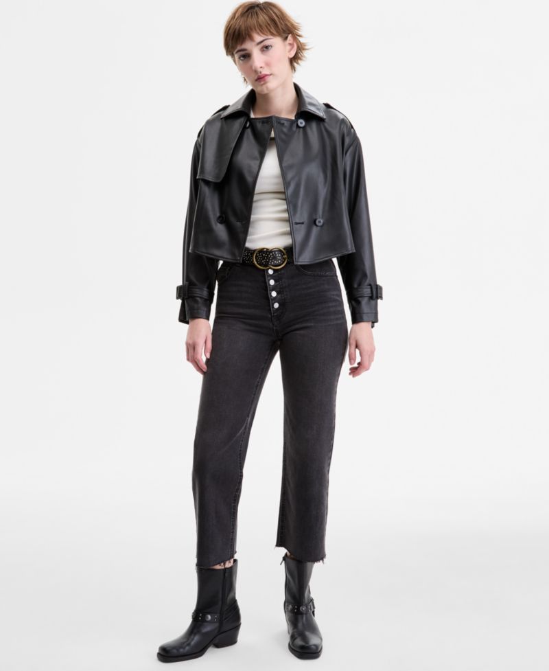 Juniors' Cropped Faux-Leather Belted Trench Coat