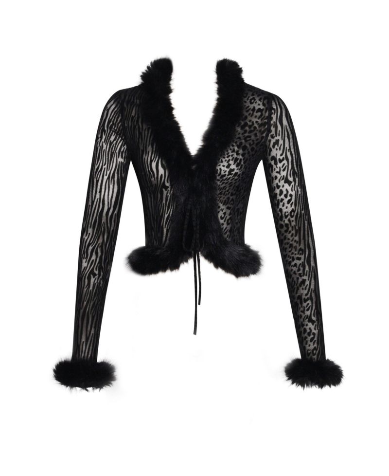 Women's Hali Black Animal Print Burnout Velvet Fur Trim Top