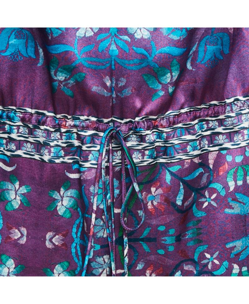 Women's Purple Floral Print Silk Ruffled Top