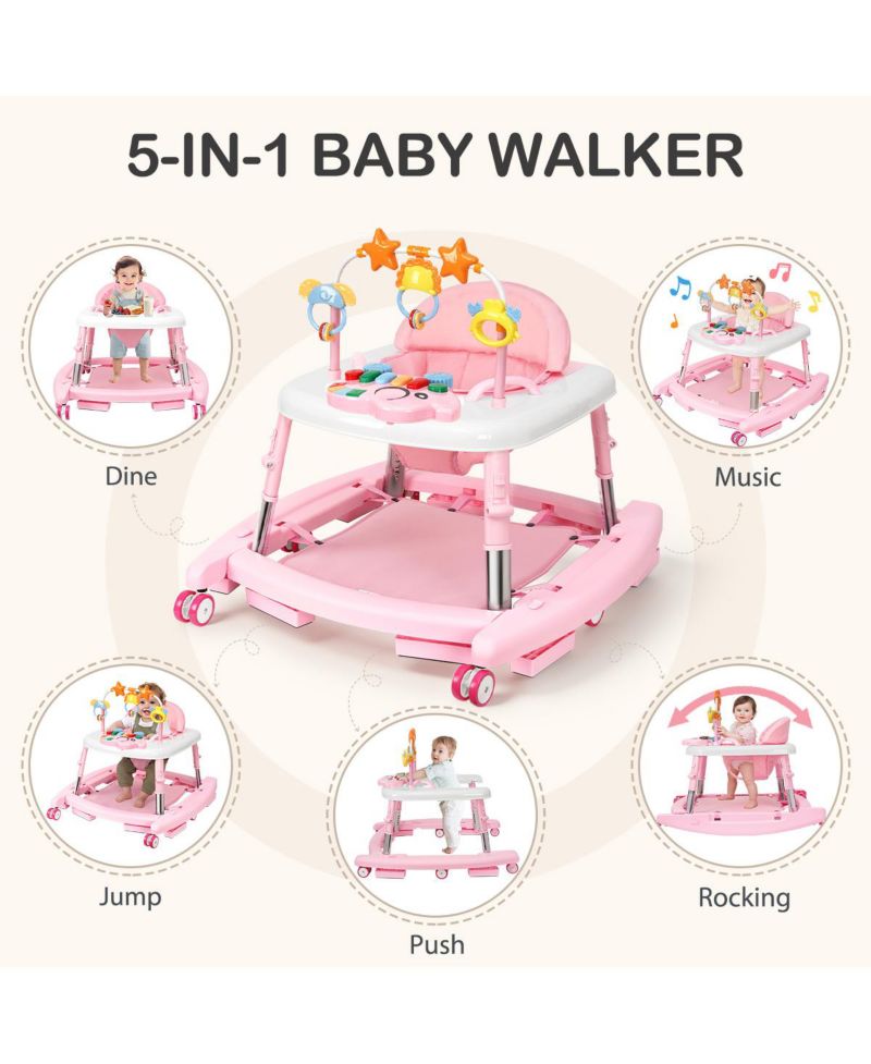 5-in-1 baby walker with adjustable height, activity panel and foldable design
