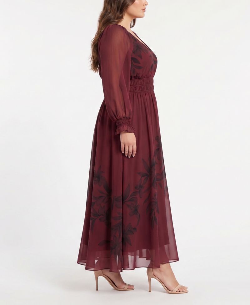 Plus Size Placement Print Maxi A-Line V-Neck Dress
