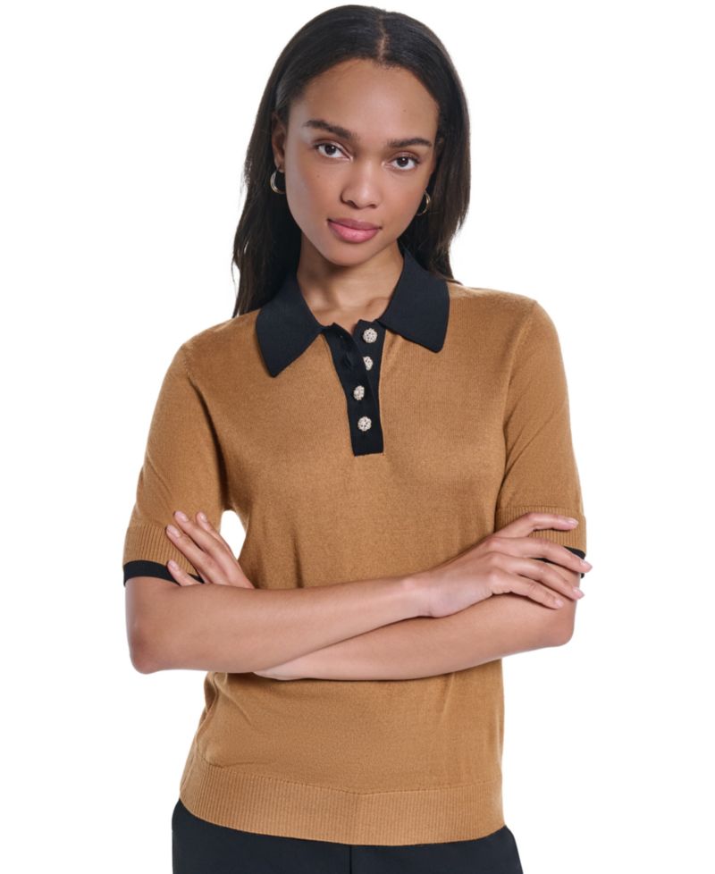 Petite Short-Sleeve Contrast Collar Sweater