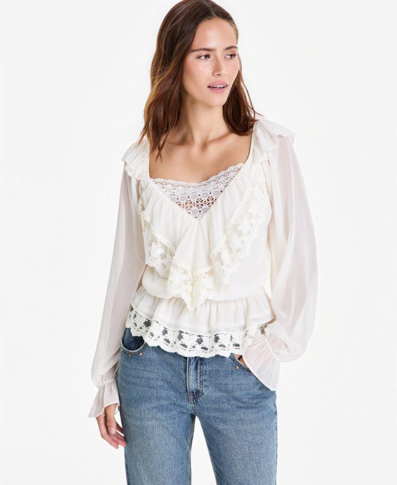 Petite Lace Long-Sleeve Ruffle Blouse