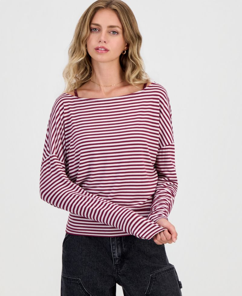 Juniors' Striped Layered-Look Dolman-Sleeve Top