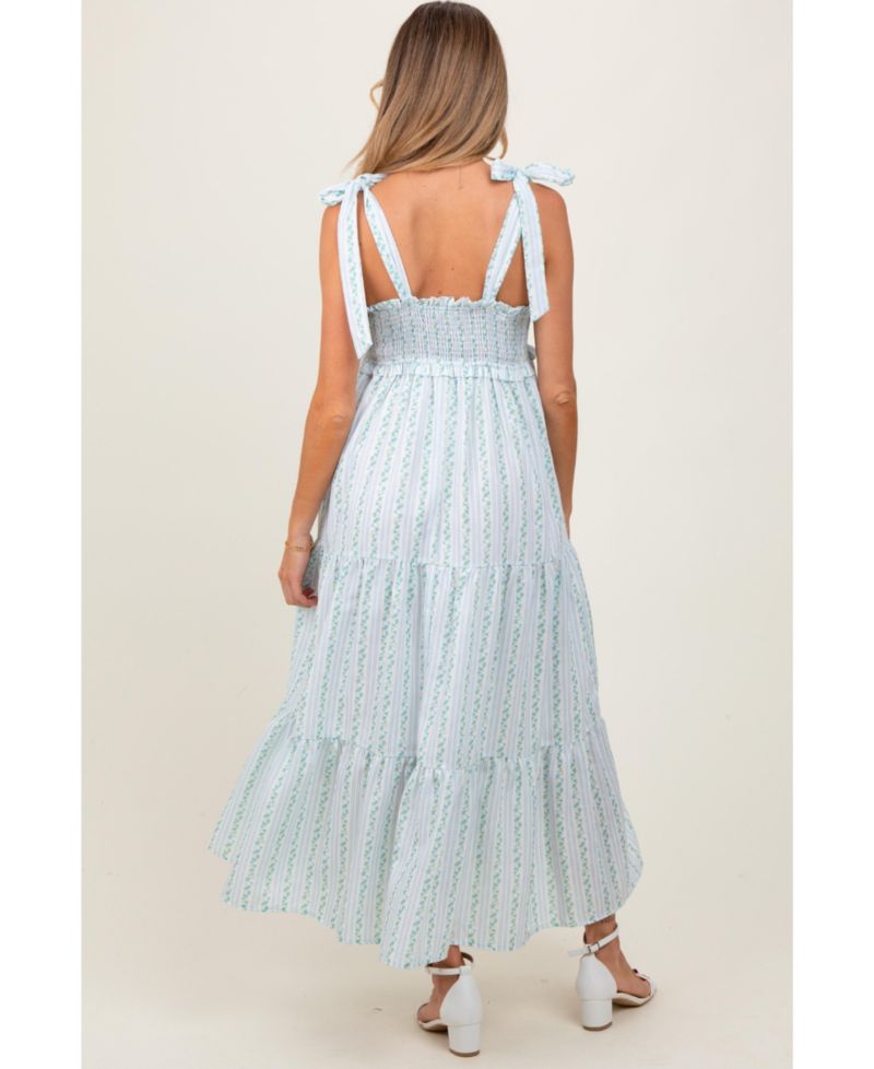 Women's Floral Striped Smocked Shoulder Tie Maxi Dress