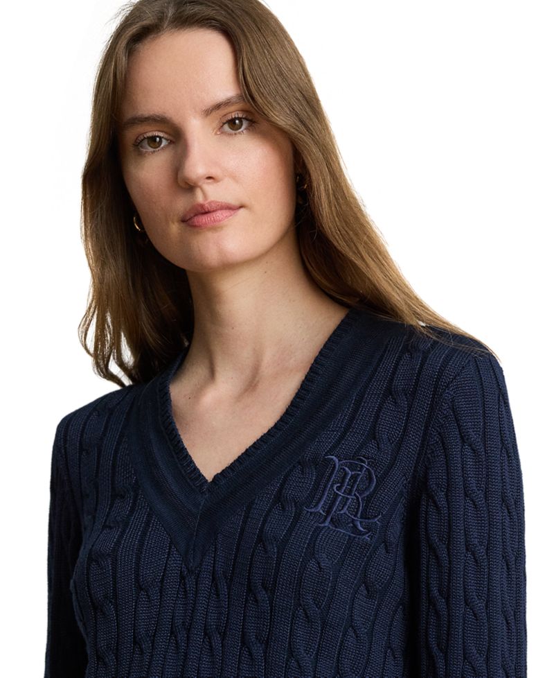 Petite Long-Sleeve V-Neck Cable Knit Sweater