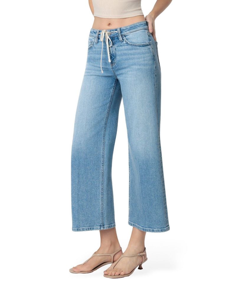 Women's High Rise Trouser Fold Drawstring Crop Wide Leg Jeans