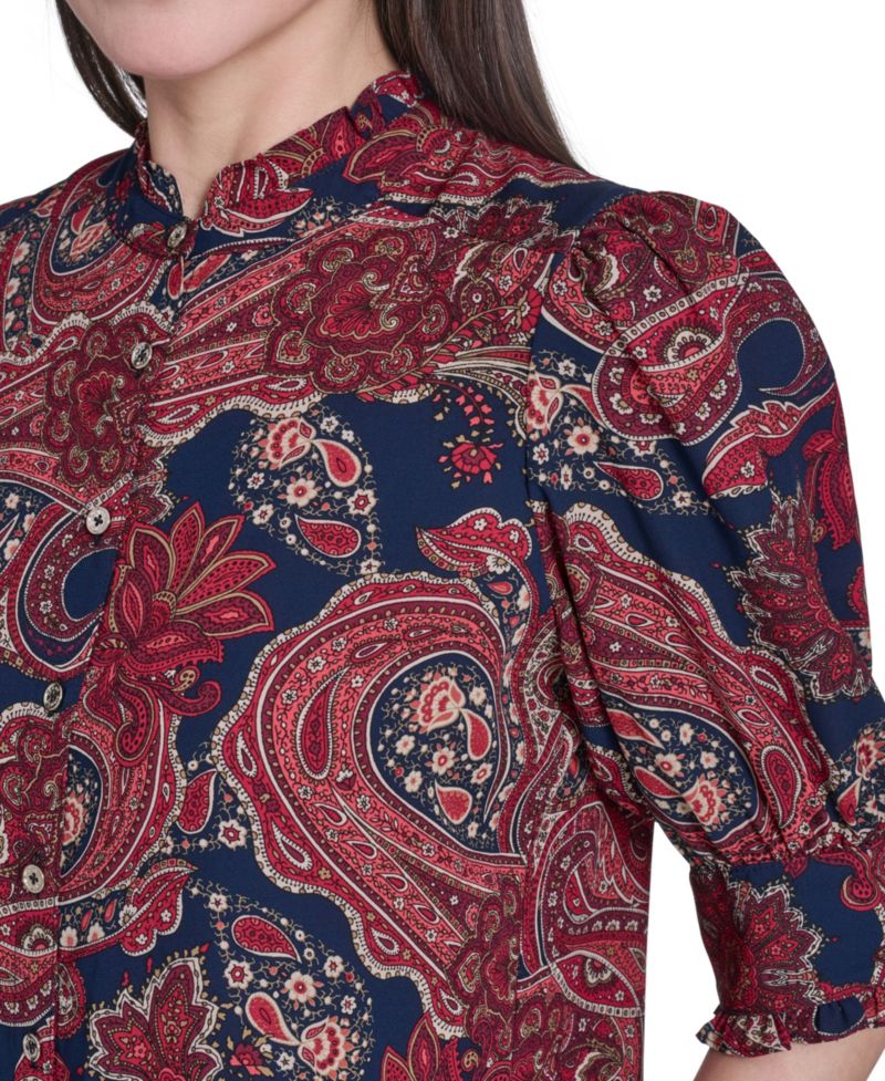 Women's Paisley Print Ruffle Neck Button Up Blouse