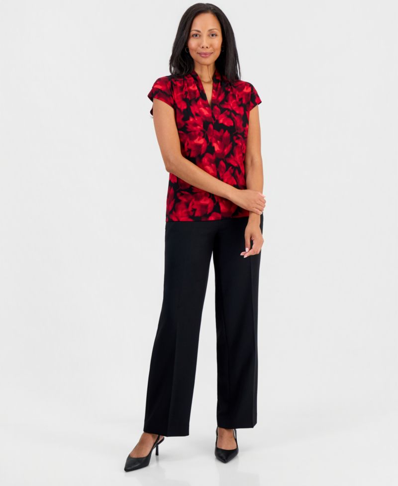Petite Everyday Knit Floral Funnel Neck Short Sleeve Blouse