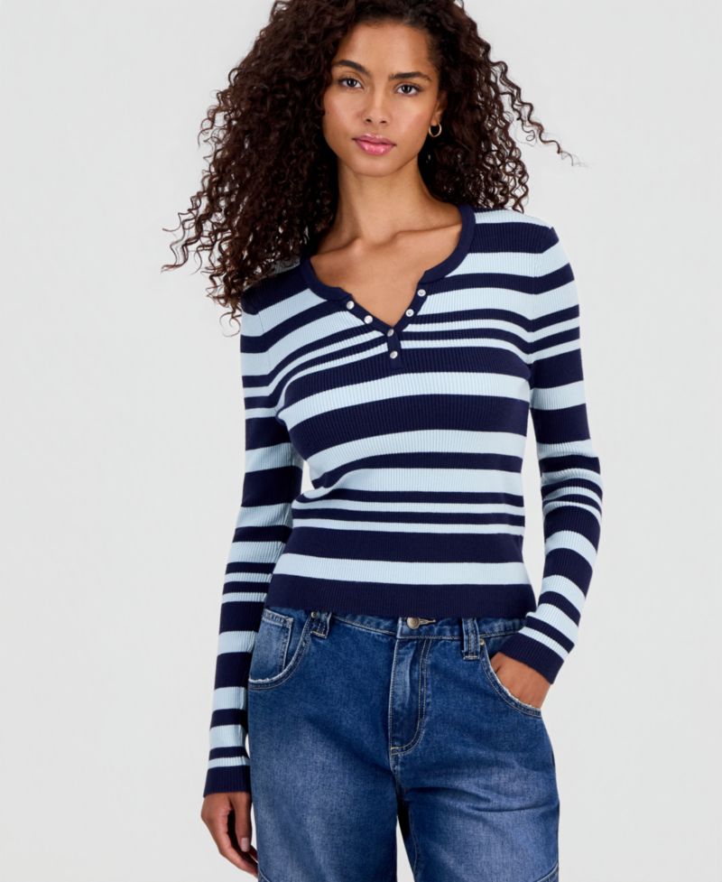 Juniors' Striped Snap Henley Stripe Sweater