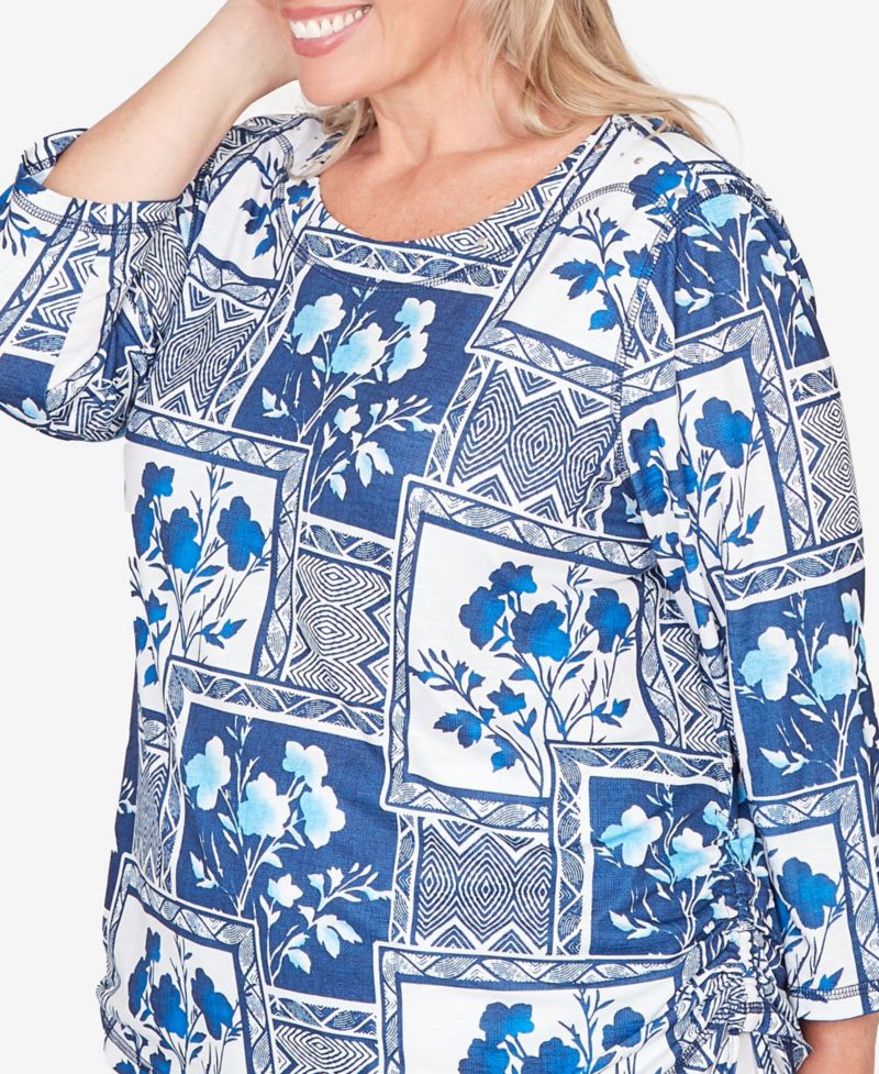 Plus Size Mykonos Framed Floral Ruched Side Tie Top