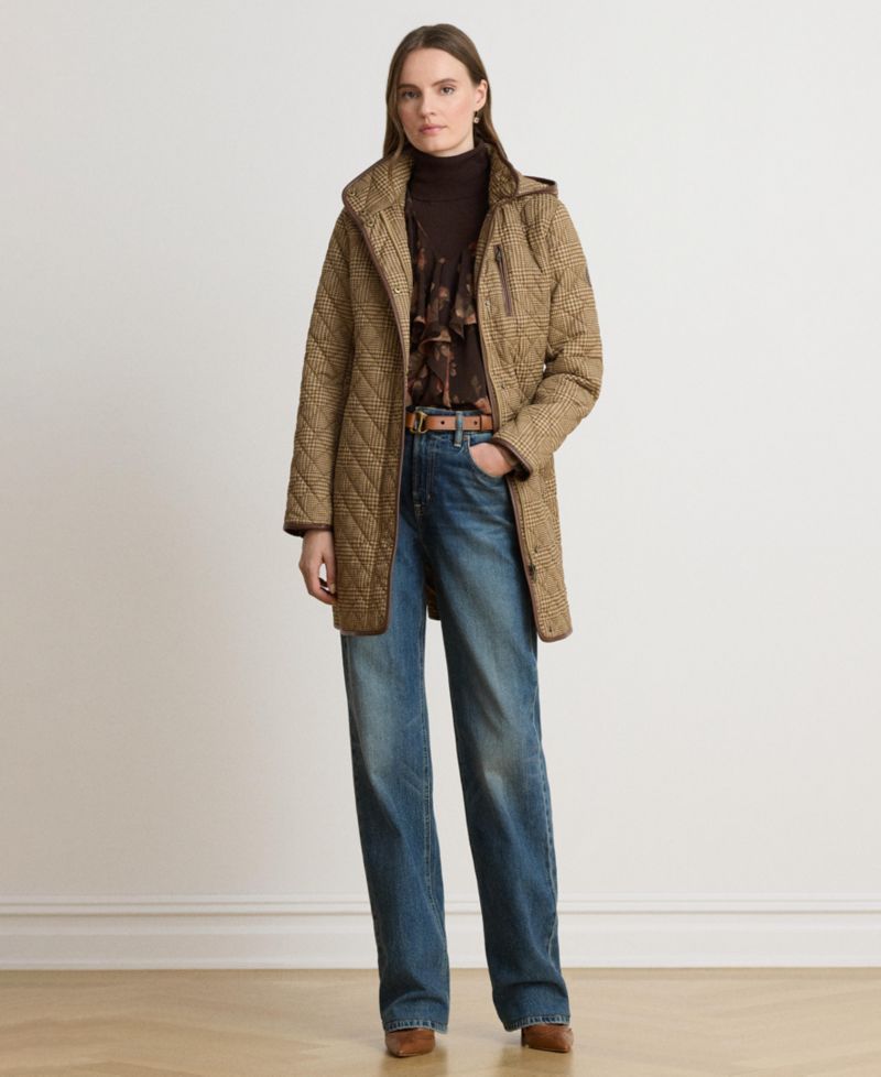 Petite Hooded Quilted Faux-Suede-Trim Coat
