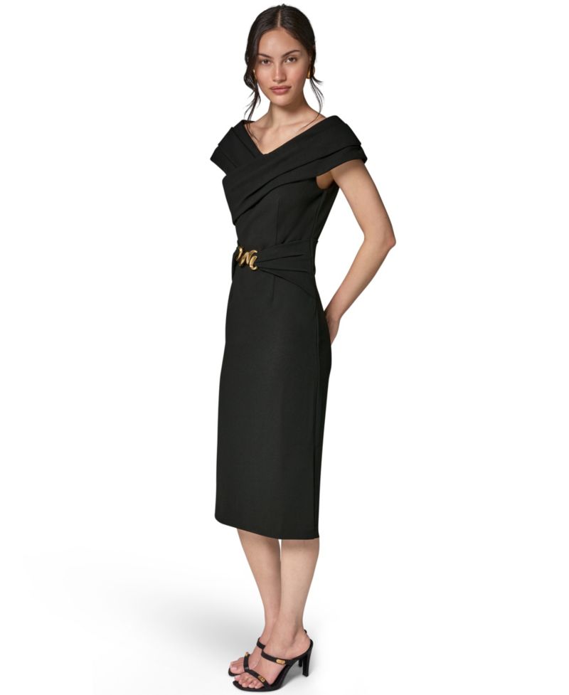 Women's Portrait Neck Sheath Midi Dress With Hardware
