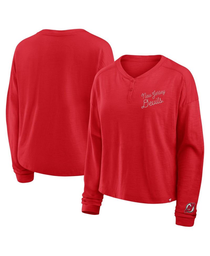 Women's Red New Jersey Devils Oversized All Out Effort Long Sleeve Henley T-Shirt