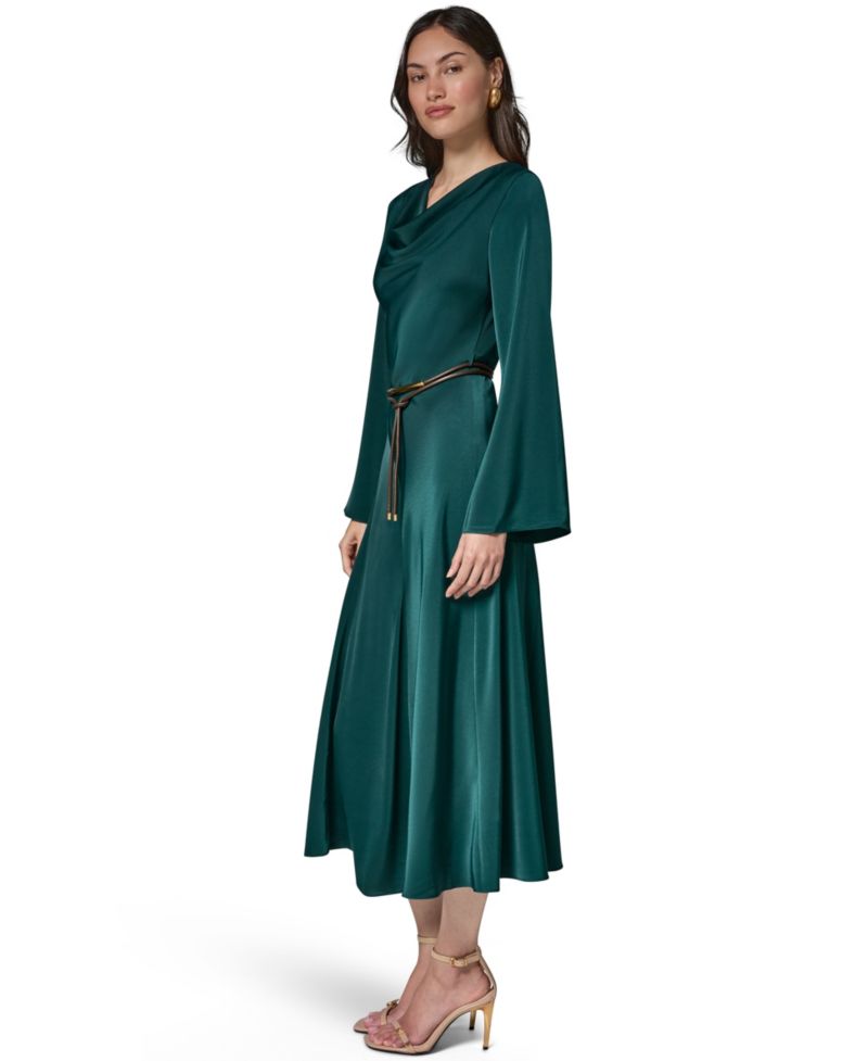 Satin Long-Sleeve Cowl Neck Belted A-Line Dress