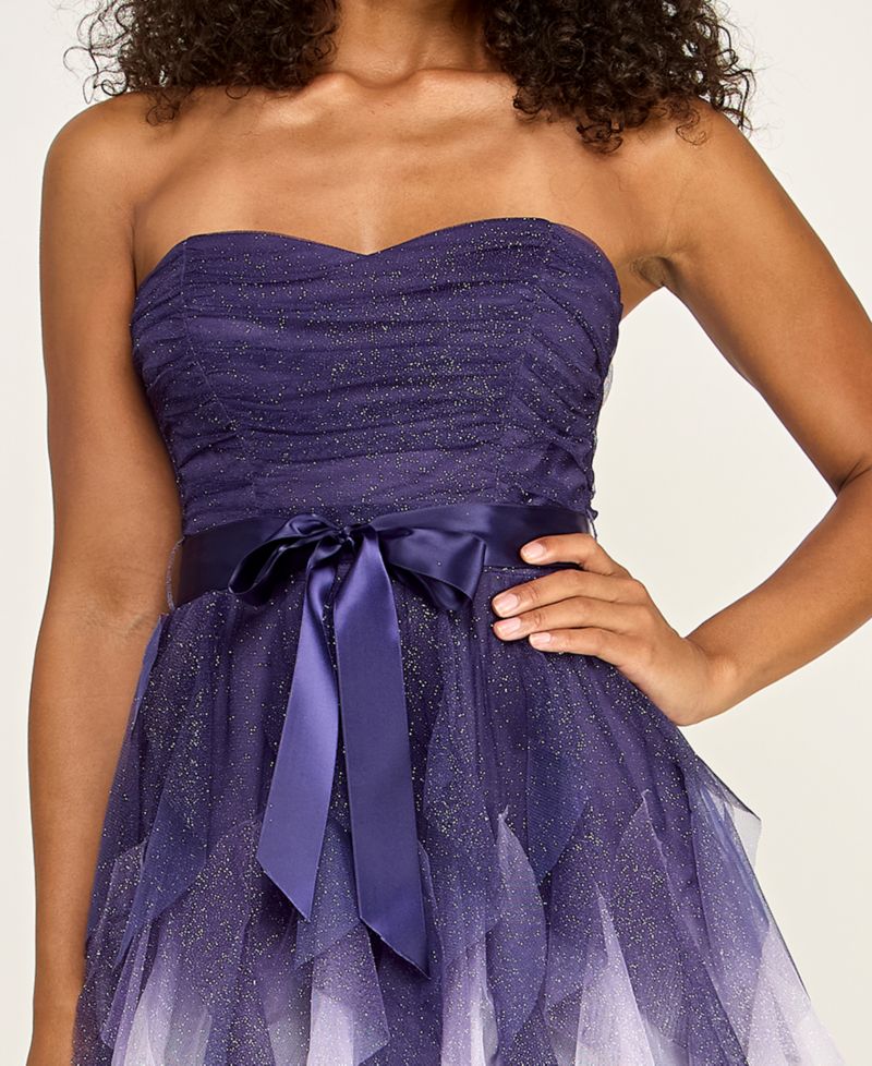 Juniors' Ombre Glitter Ruffled Petal Dress with Ribbon