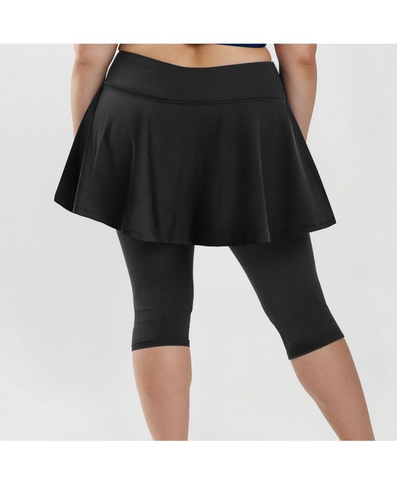 Plus Size Chlorine Resistant High Waisted Flared Swim Skort With Attached Capri Leggings