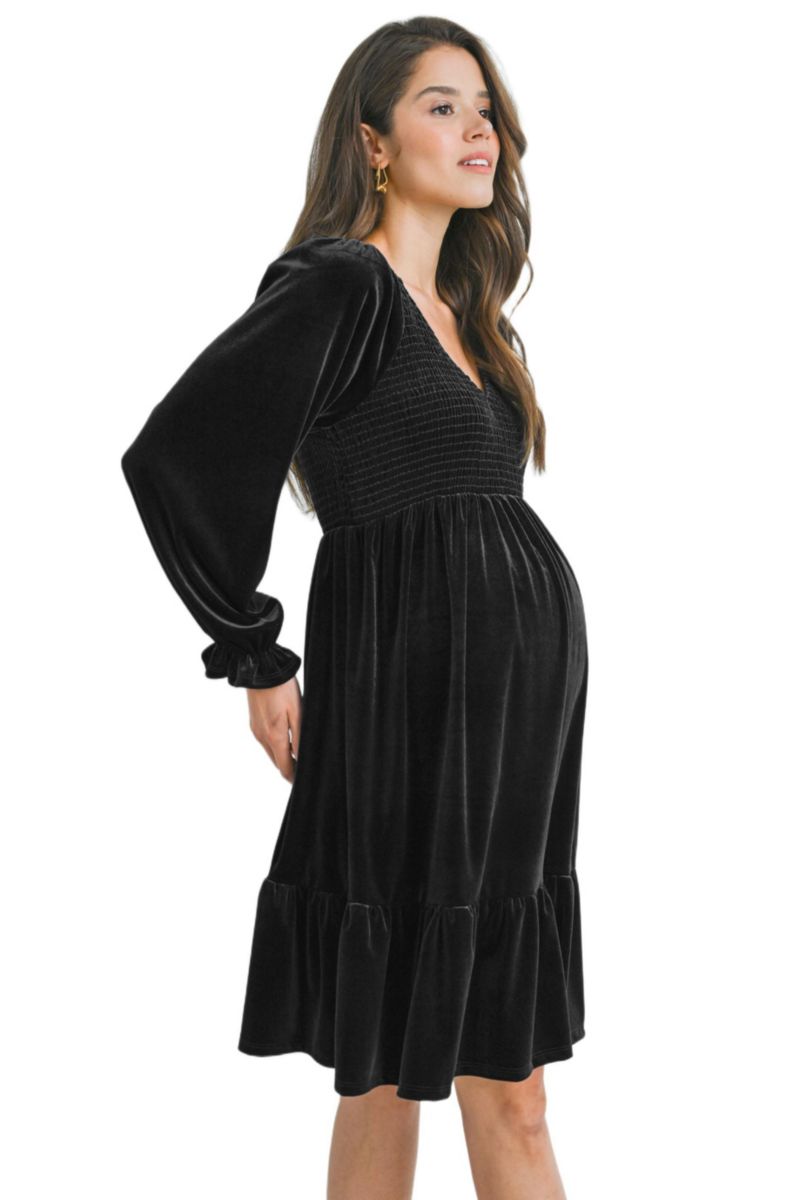 Women's Smocked V Neck Long Sleeve Velvet Dress