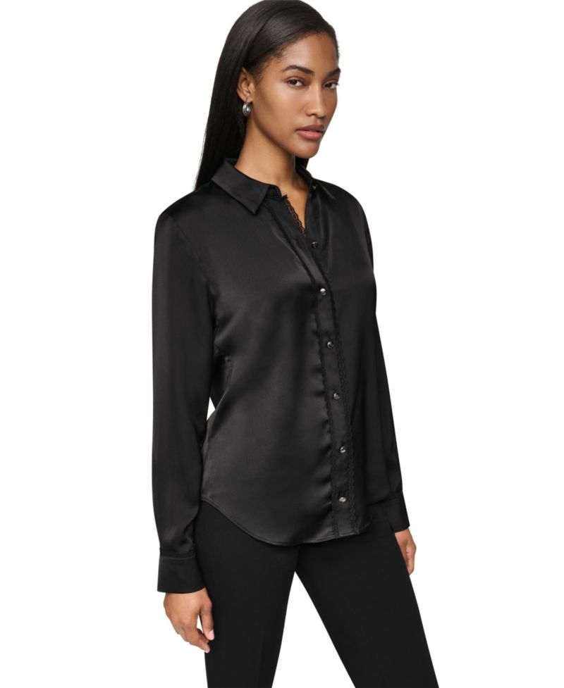 Petite Satin Front-Button Long-Sleeve Top