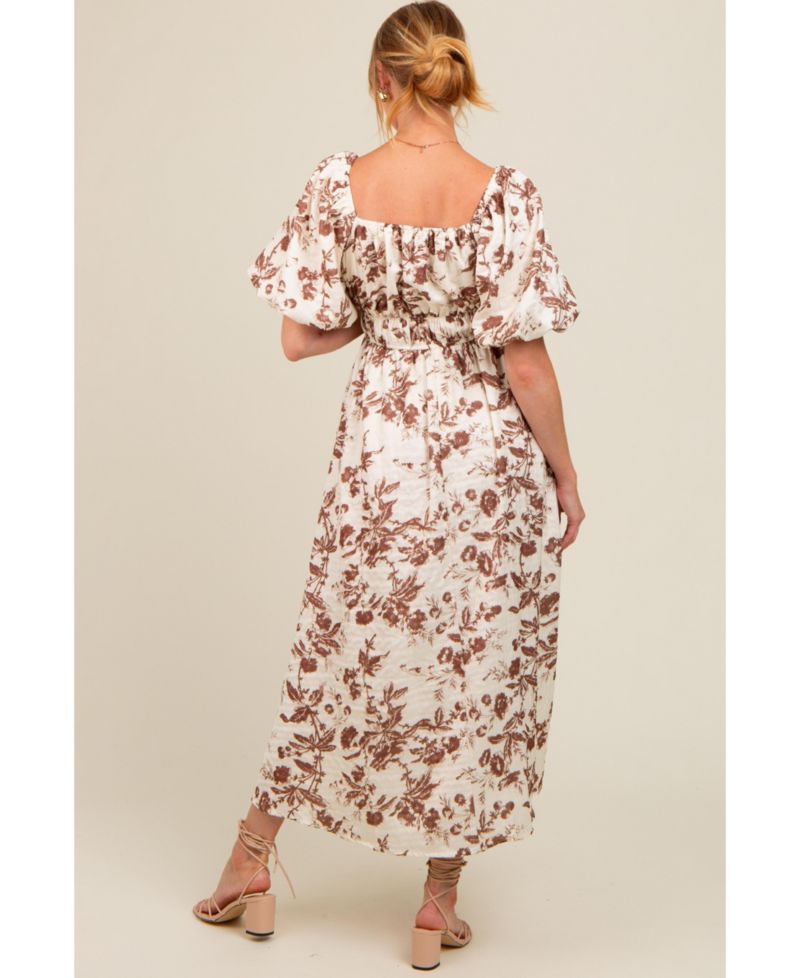 Women's Blue Floral Puff Sleeve Midi Dress