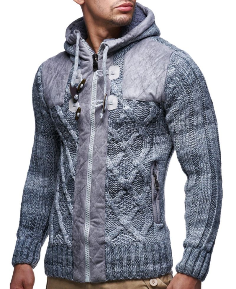 Men's Knit Zip-up Jacket With Geometric Patterns and Leather Accents