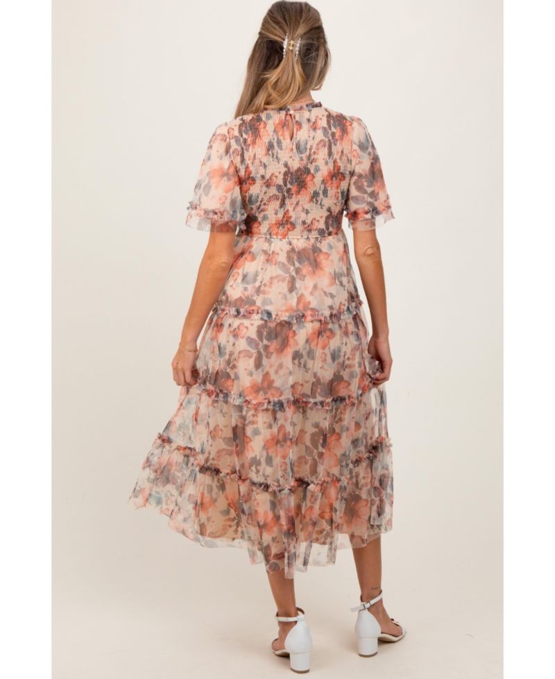 Women's Peach Floral Mesh Smocked Midi Dress