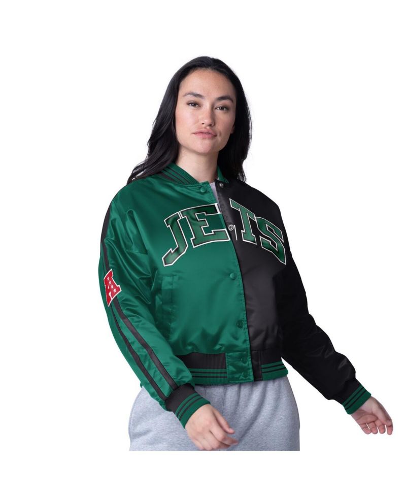 Women's Black/Green New York Jets Cropped Full-Snap Jacket