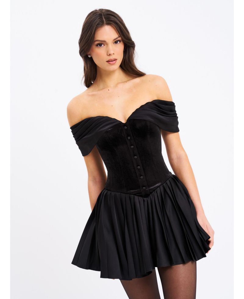Women's Echo Black Velvet Off-shoulder Pleated Mini Dress