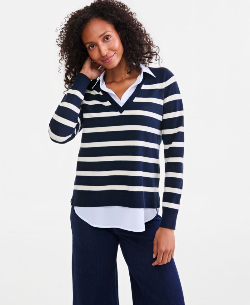 Petite Two-Fer Striped V-Neck Sweater