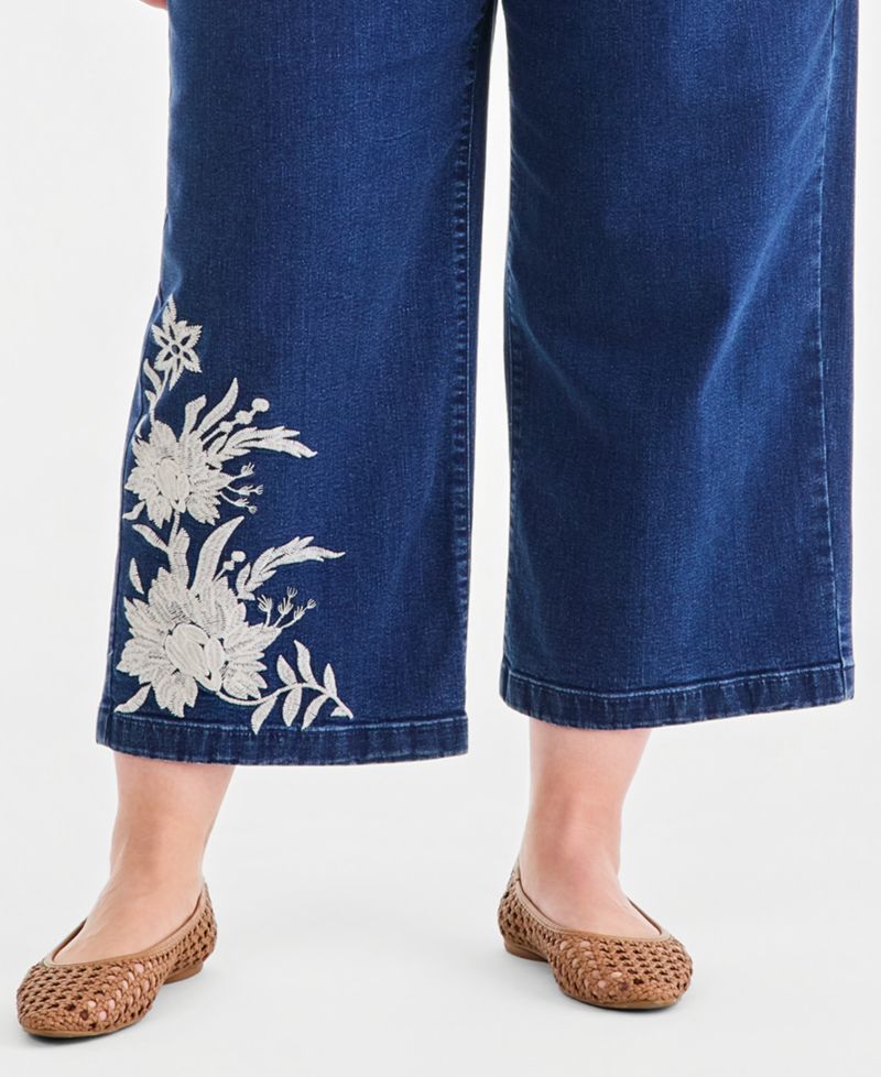 Plus Size High-Rise Wide-Leg Embroidered Ankle Jeans, Macy's Exclusive