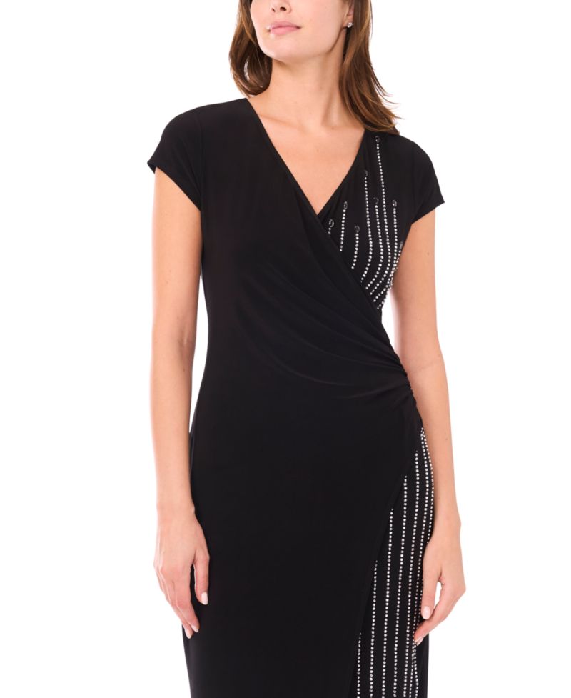 Women's Short Sleeve Surplice and Beaded Front Midi Dress