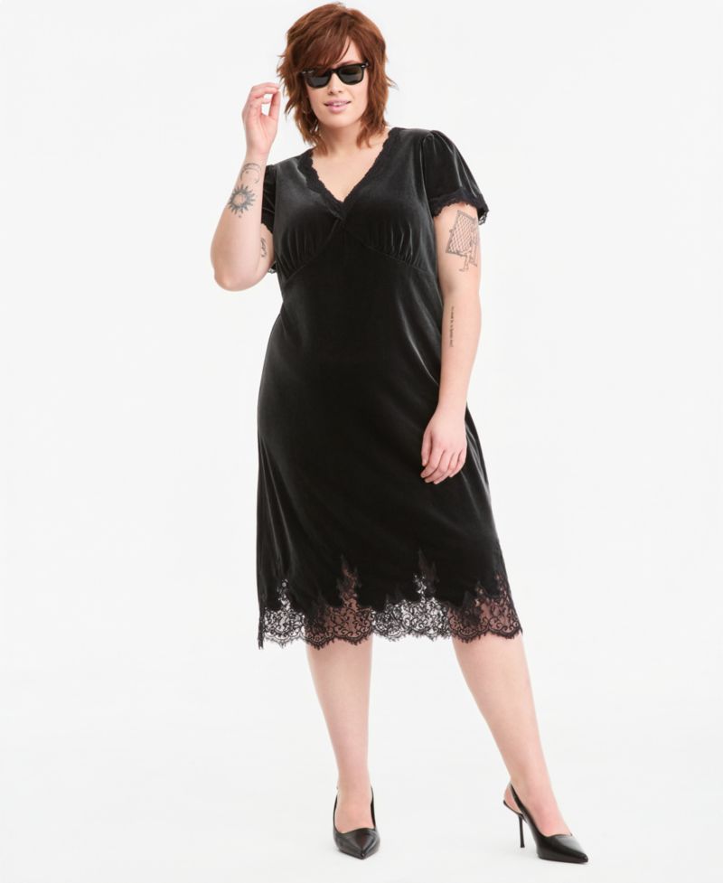 Plus Size V-Neck Short-Sleeve Lace-Trim Midi Slip Dress