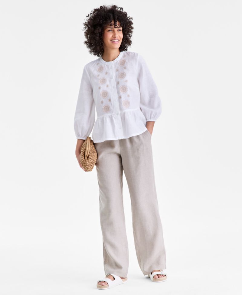 Women's 100% Linen Embroidered-Front Peplum Top