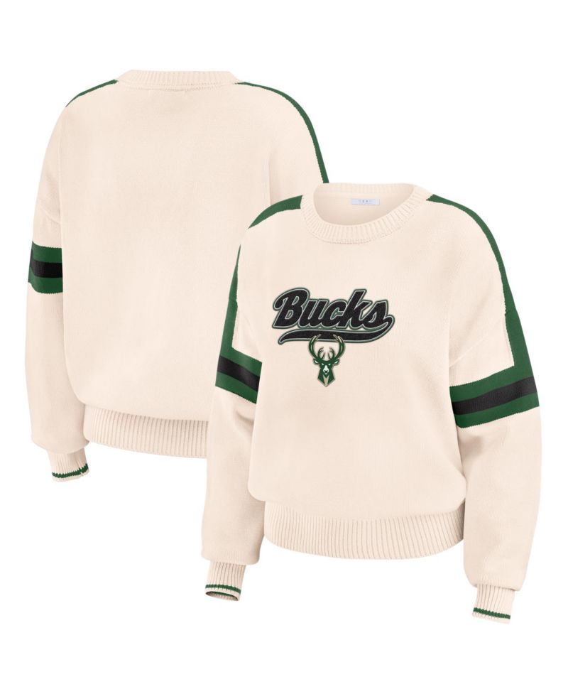 Women's Cream Milwaukee Bucks Stripe Pullover Sweater