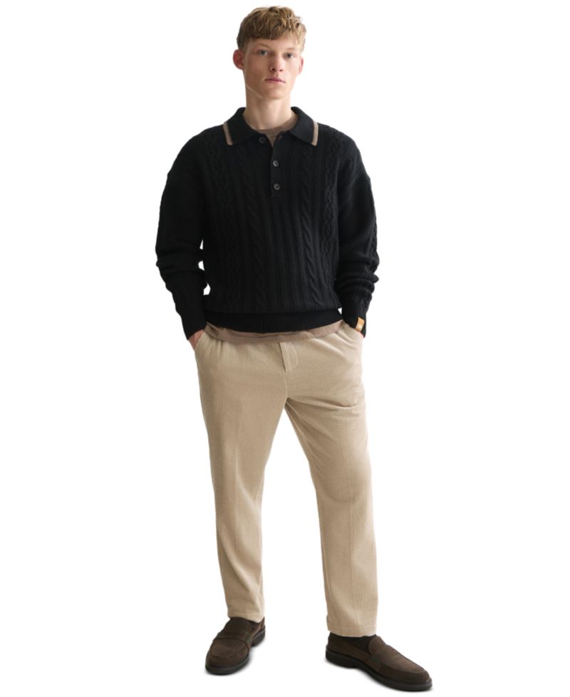 Men's Soft Knit Polo Cable Dropped Shoulder Polo Sweater