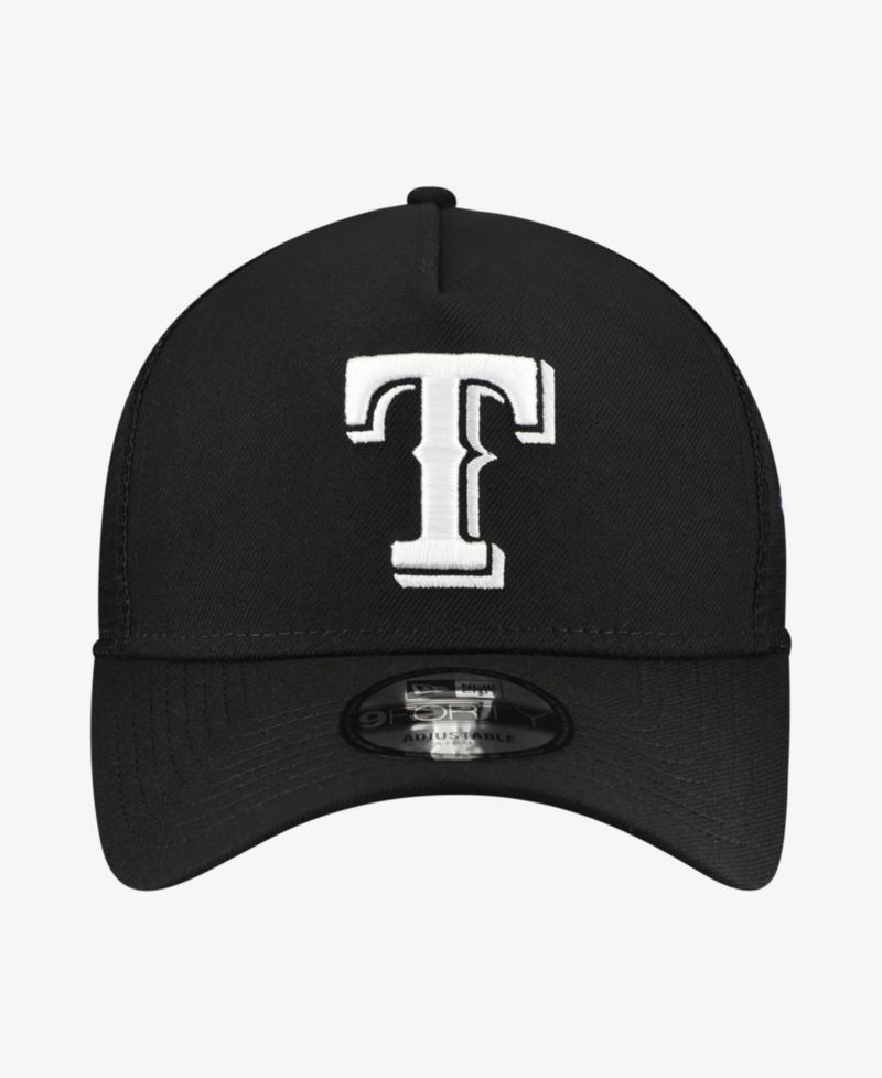 Men's Black Texas Rangers Side Script 9FORTY A-Frame Trucker Adjustable Hat