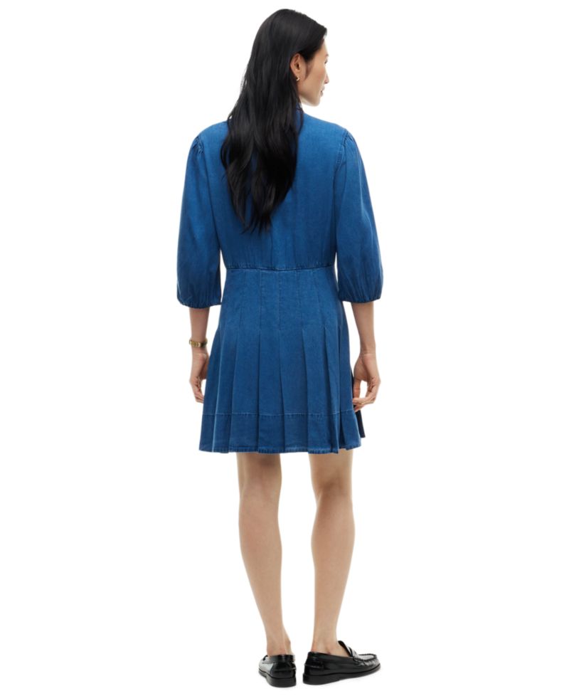 Women's Chambray Puff-Sleeve Polo Collar Dress