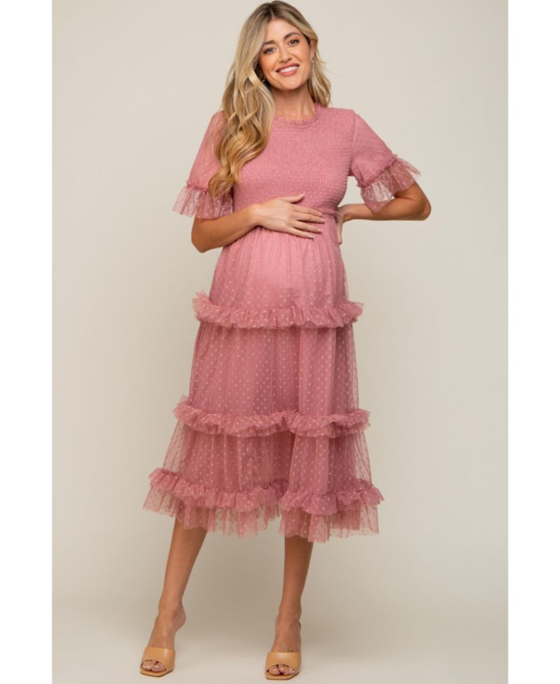 Women's Pink Polka Dot Tulle Smocked Midi Dress