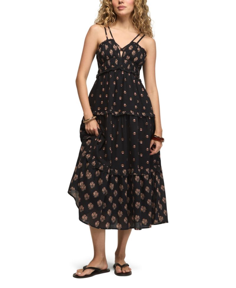 Women's Strappy Print V-Neck Mix Maxi Dress