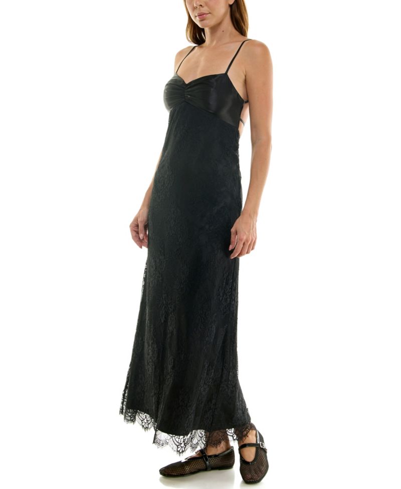 Juniors' Lace and Satin Maxi Slip Dress