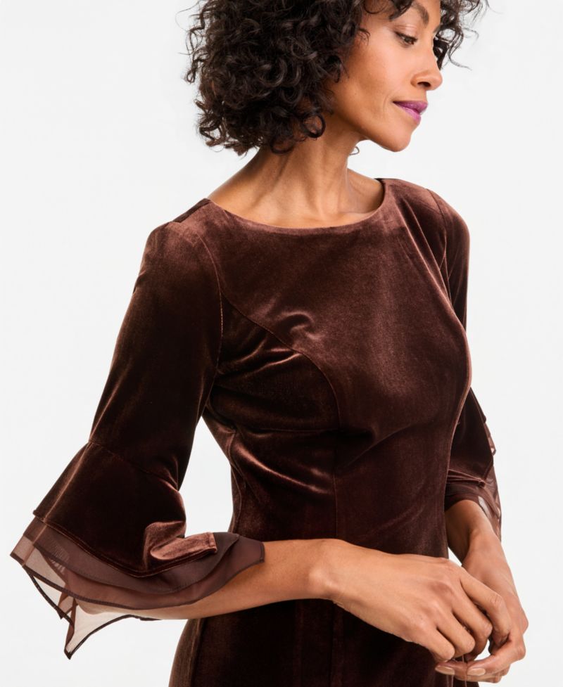 Plus Velvet Bell-Sleeve Mesh-Trim Dress