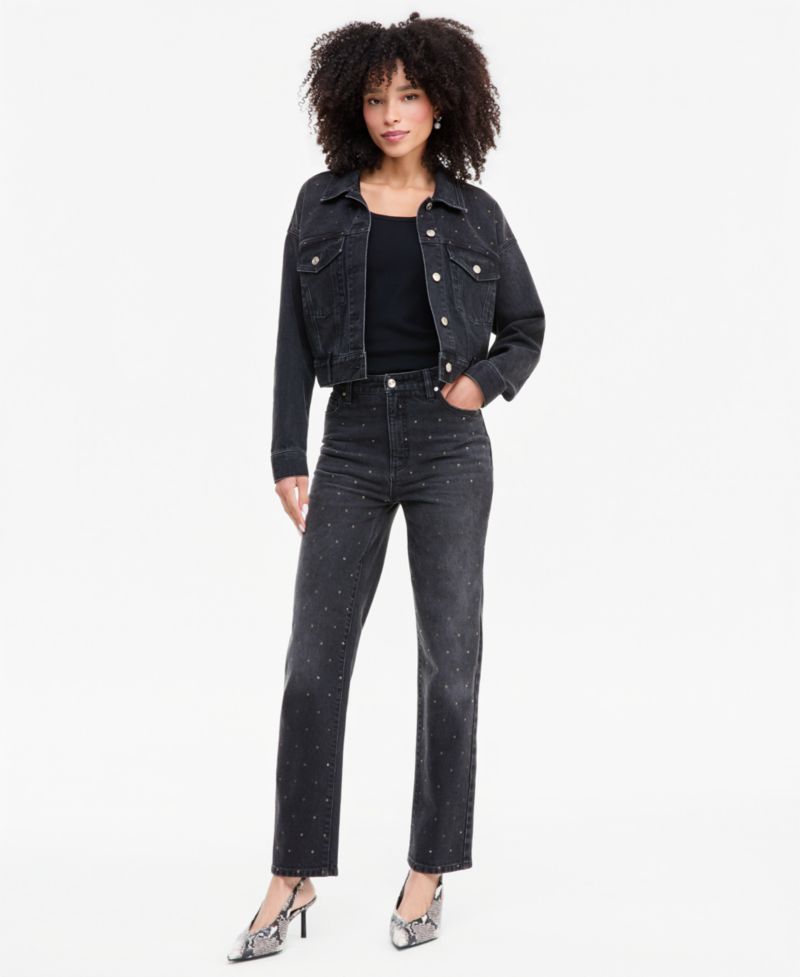 Women's Embellished Stud Cropped Trucker Denim Jacket